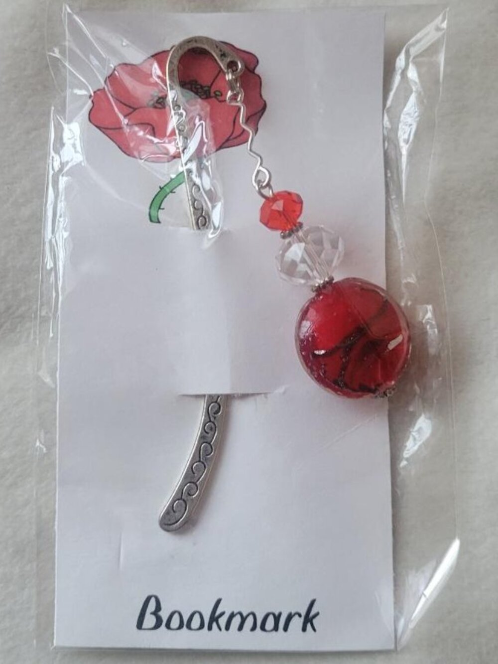 Beautiful Handmade Red Poppy Beaded Hook Bookmark Gift for Book Lover NEW